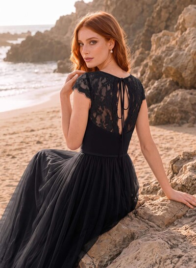 V-Neck Lace A-Line Tulle Bridesmaid Dresses