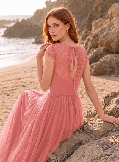 V-Neck Lace A-Line Tulle Bridesmaid Dresses