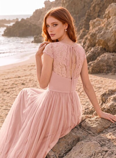 V-Neck Lace A-Line Tulle Bridesmaid Dresses