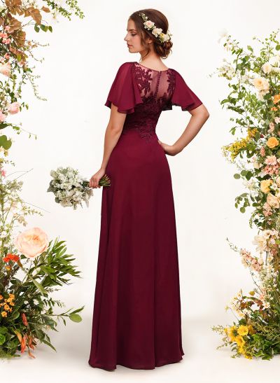 V-Neck Lace Sleeves A-Line Bridesmaid Dresses