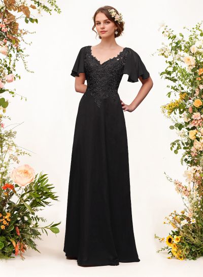 V-Neck Lace Sleeves A-Line Bridesmaid Dresses