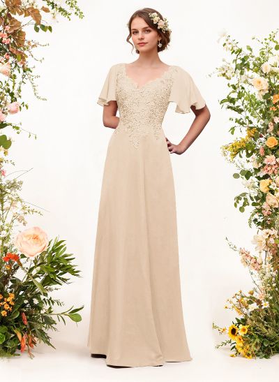 V-Neck Lace Sleeves A-Line Bridesmaid Dresses