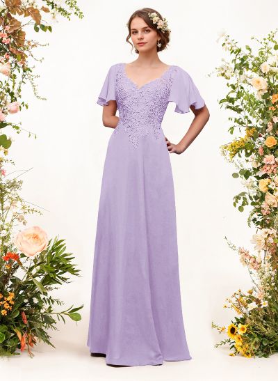 V-Neck Lace Sleeves A-Line Bridesmaid Dresses