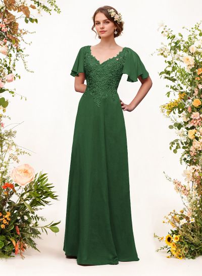 V-Neck Lace Sleeves A-Line Bridesmaid Dresses