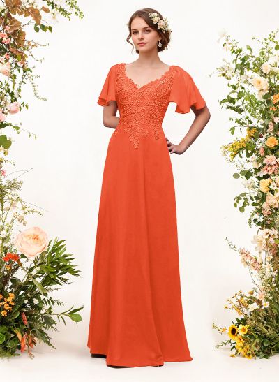 V-Neck Lace Sleeves A-Line Bridesmaid Dresses