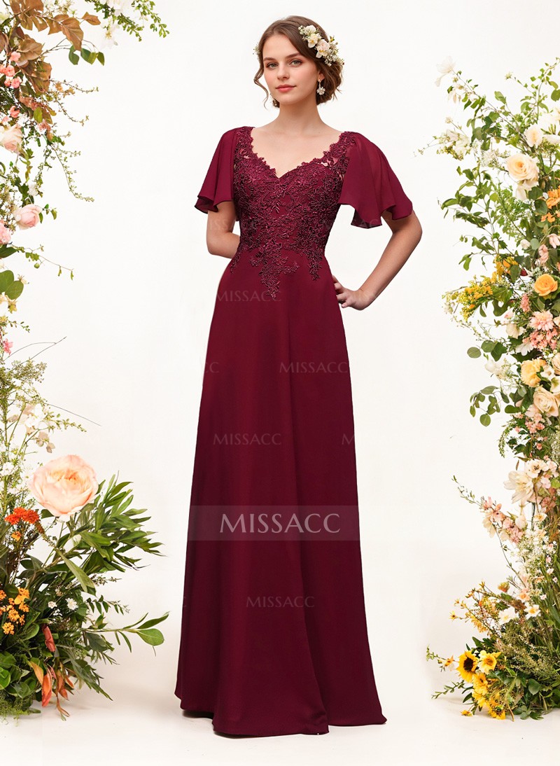 V-Neck Lace Sleeves A-Line Bridesmaid Dresses