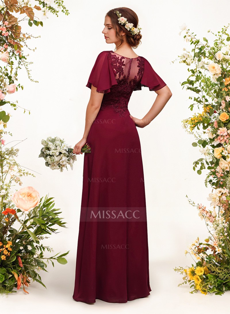 V-Neck Lace Sleeves A-Line Bridesmaid Dresses