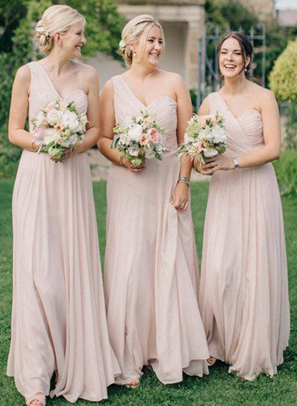 One-Shoulder Sleeveless Floor-Length Chiffon Bridesmaid Dresses
