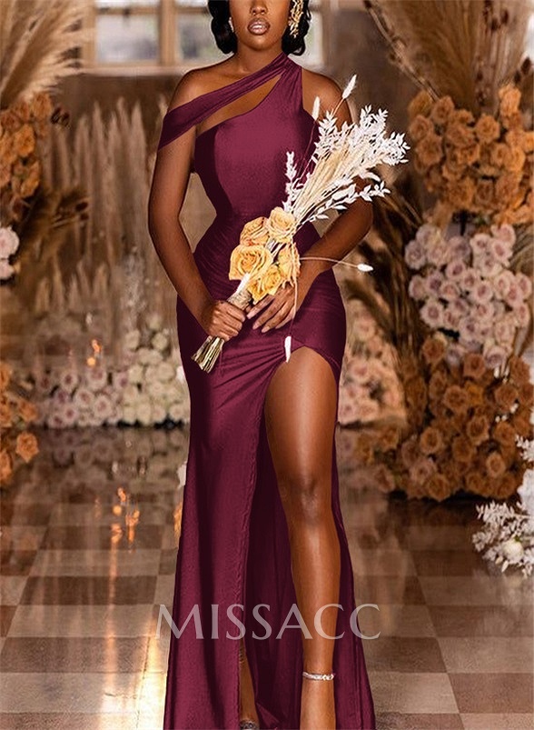 Sheath/Column Asymmetrical Silk Like Satin Bridesmaid Dresses With Split Front