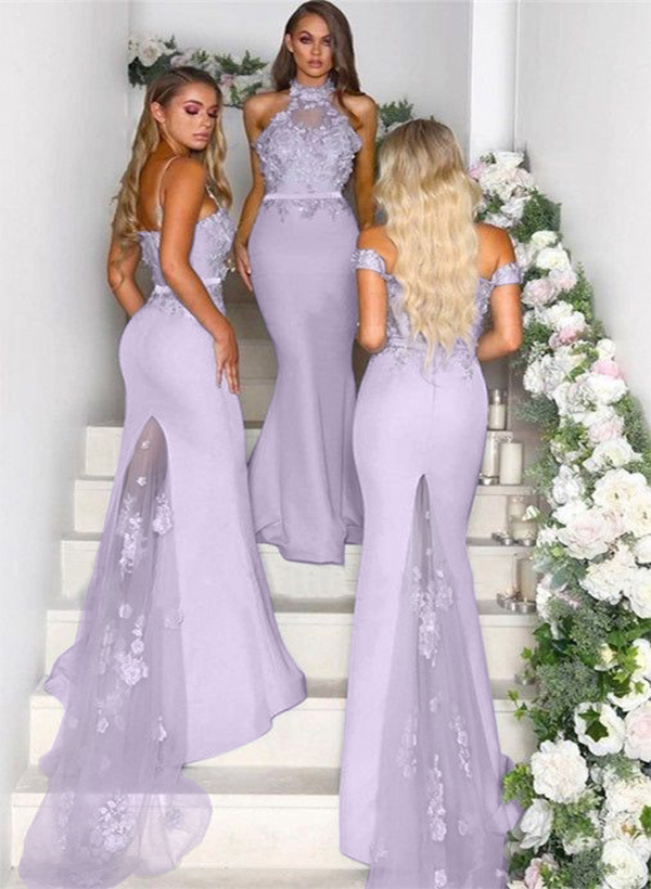 Trumpet/Mermaid Sleeveless Elastic Satin Bridesmaid Dresses With Appliques Lace