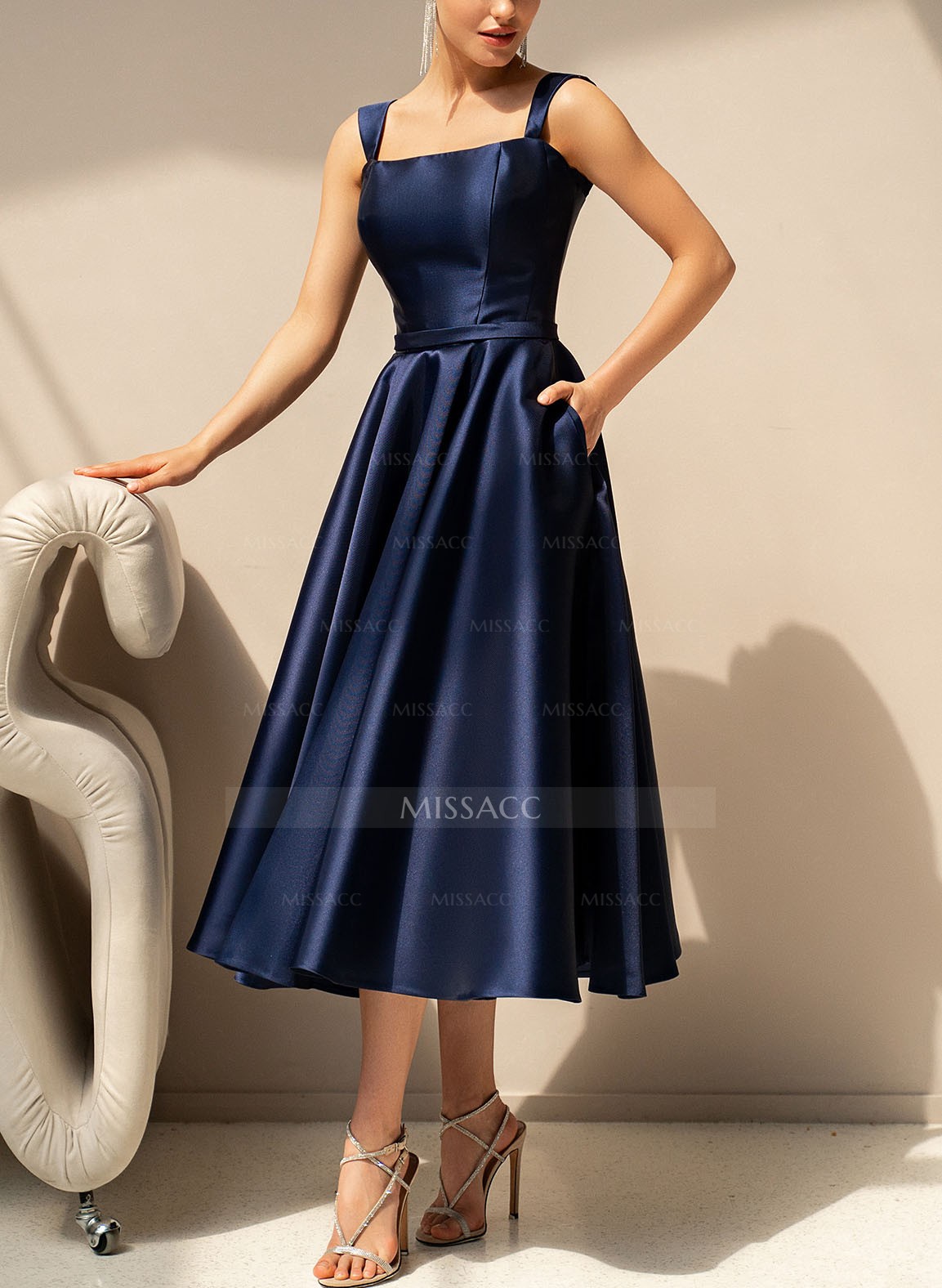 Simple Satin A-Line Tea-Length Cocktail Dresses