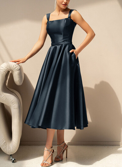 Simple Satin A-Line Tea-Length Cocktail Dresses