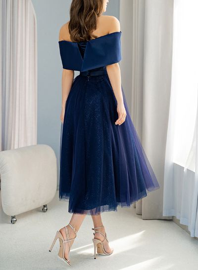 A-Line Off-The-Shoulder Sleeveless Satin/Sequined Cocktail Dresses