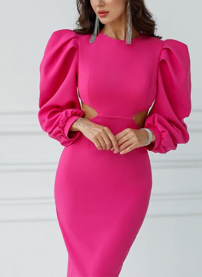 Scoop Neck Long Sleeves Elastic Satin Cocktail Dresses With Back Hole