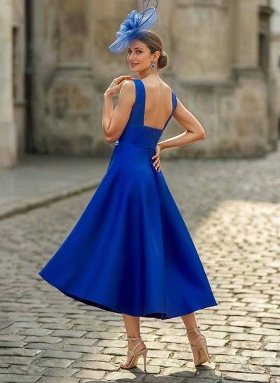 A-Line V-Neck Sleeveless Tea-Length Satin Cocktail Dresses