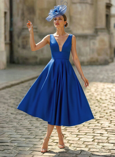 A-Line V-Neck Sleeveless Tea-Length Satin Cocktail Dresses
