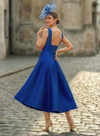 A-Line V-Neck Sleeveless Tea-Length Satin Cocktail Dresses