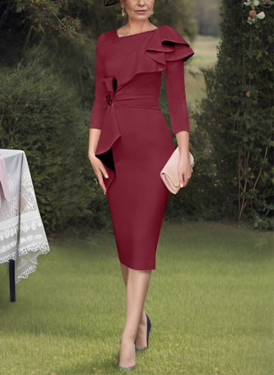 Sheath Scoop Neck 3/4 Sleeves Knee-Length Elastic Satin Cocktail Dresses With Ruffle