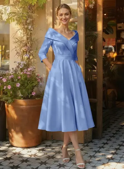 Missacc Dusty Blue Cocktail Dresses Satin A-Line Cap Shoulder Sleeves Cocktail Dresses