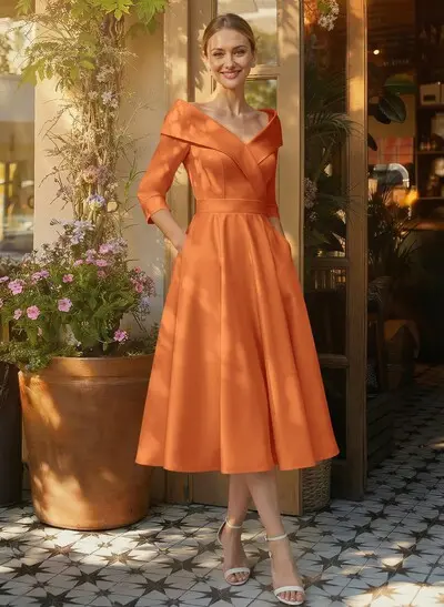 Satin A-Line Cap Shoulder Sleeves Cocktail Dresses