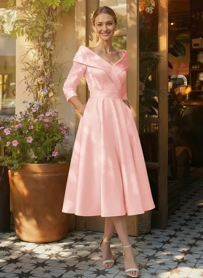 Missacc Petal Cocktail Dresses Satin A-Line Cap Shoulder Sleeves Cocktail Dresses