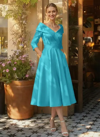 Satin A-Line Cap Shoulder Sleeves Cocktail Dresses - Missacc