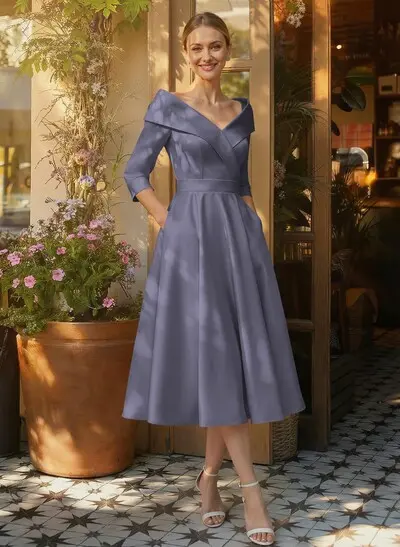 Satin A-Line Cap Shoulder Sleeves Cocktail Dresses - Missacc