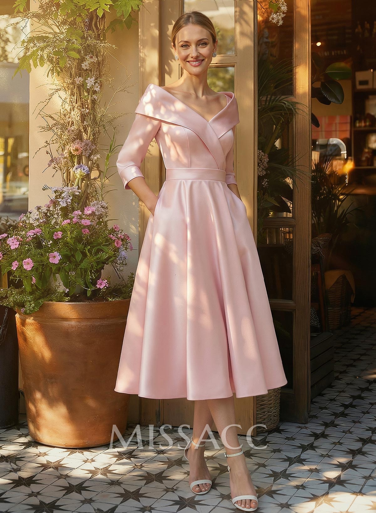 Satin A-Line Cap Shoulder Sleeves Cocktail Dresses