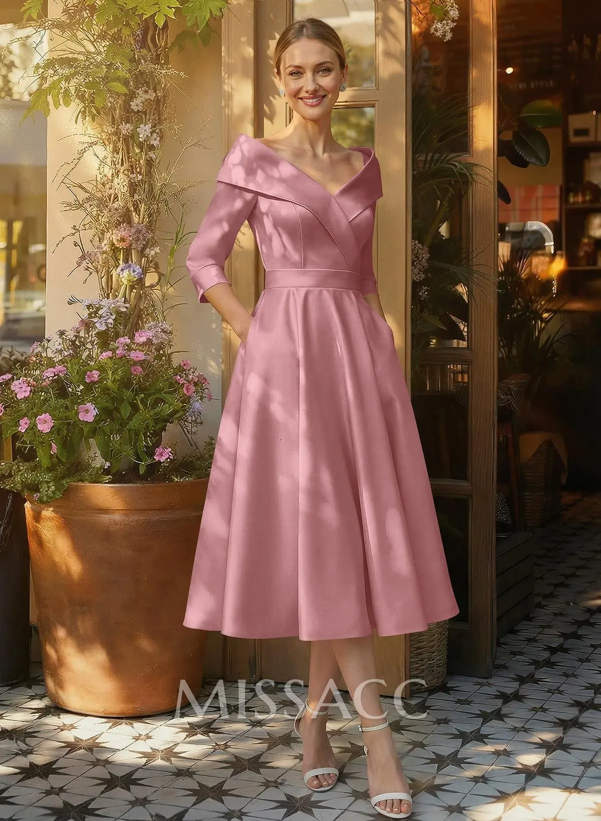 silk cocktail dress with sleeves Missacc Petal Cocktail Dresses Satin A-Line Cap Shoulder Sleeves Cocktail Dresses
