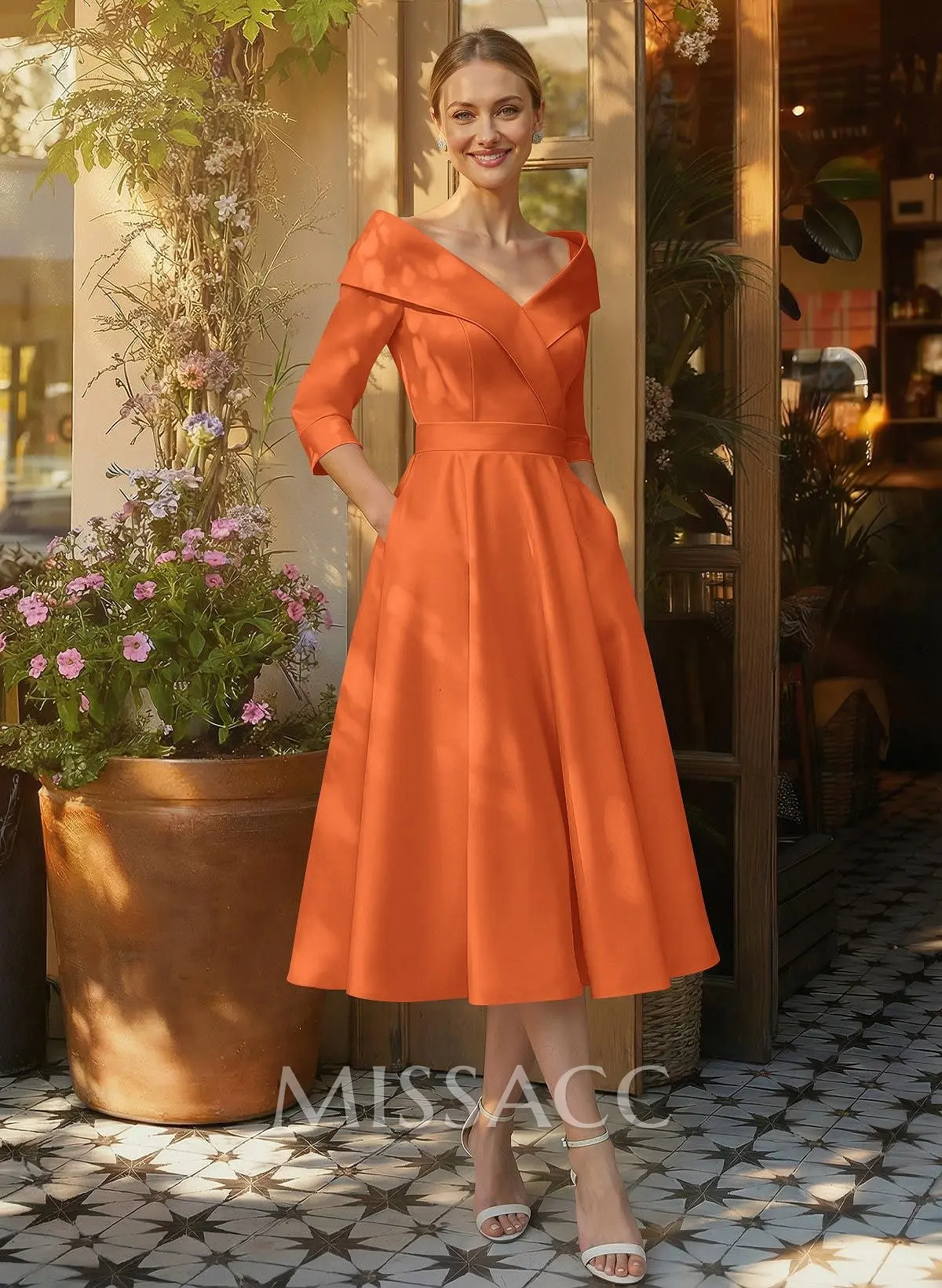 mid length cocktail dresses with sleeves Satin A-Line Cap Shoulder Size:One Size Fits Most To Age 8+ FW25D2 Navy Blue Zip Front Lace Here is the dress