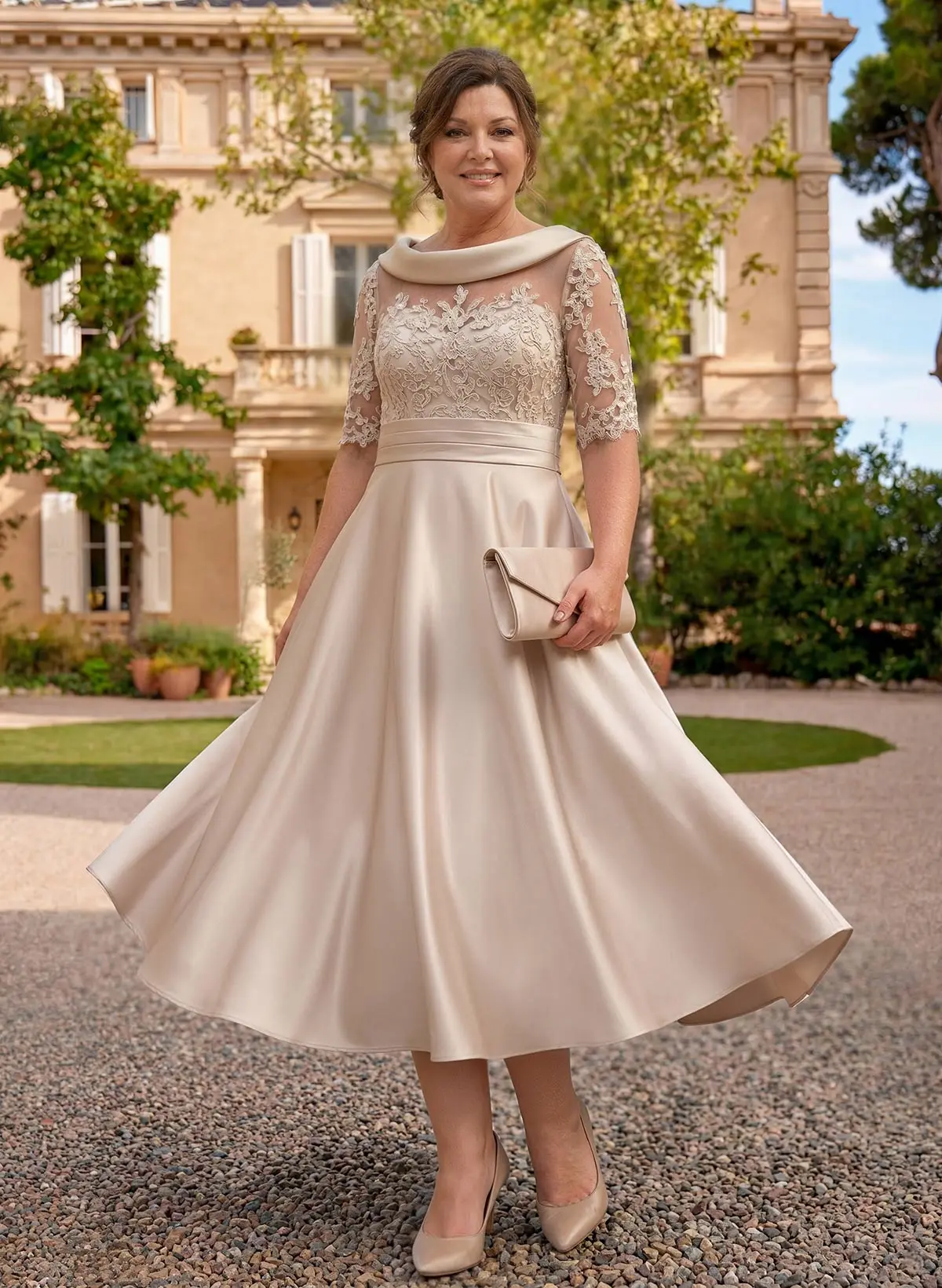 Elegant Cowl Neck A-Line Tea-Length Cocktail Dresses Elegant Cowl Neck A-Line Tea-Length Cocktail Dresses