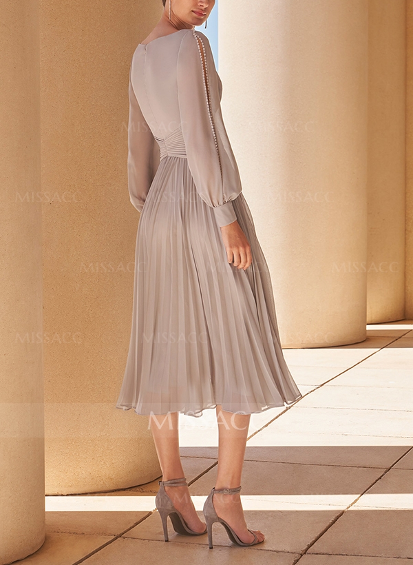A-Line V-Neck Long Sleeves Tea-Length Chiffon Cocktail Dresses