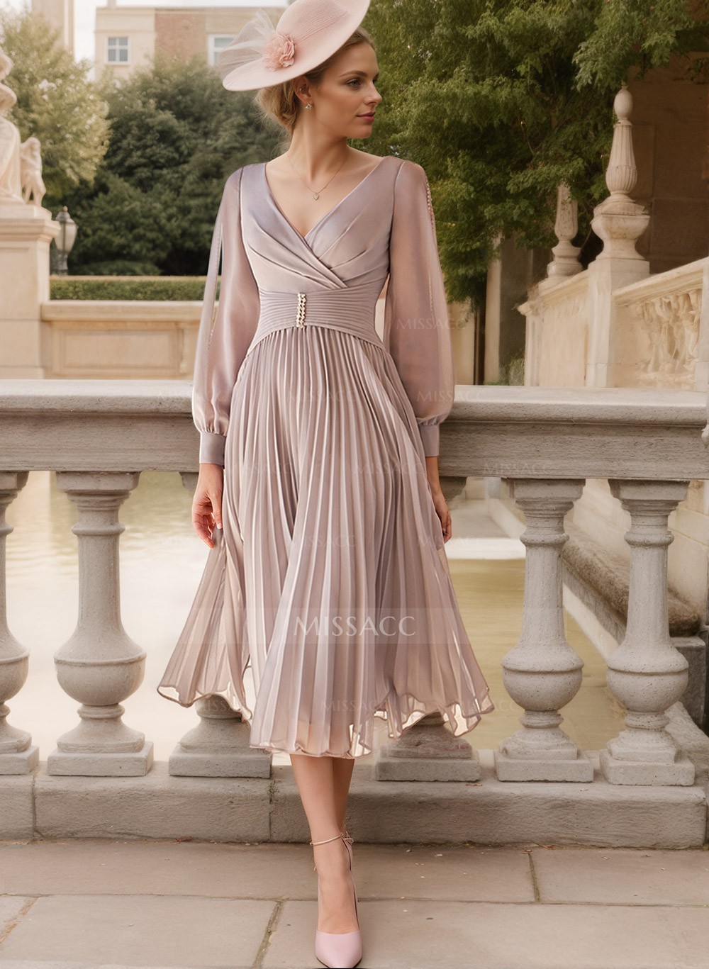 A-Line V-Neck Long Sleeves Tea-Length Chiffon Cocktail Dresses