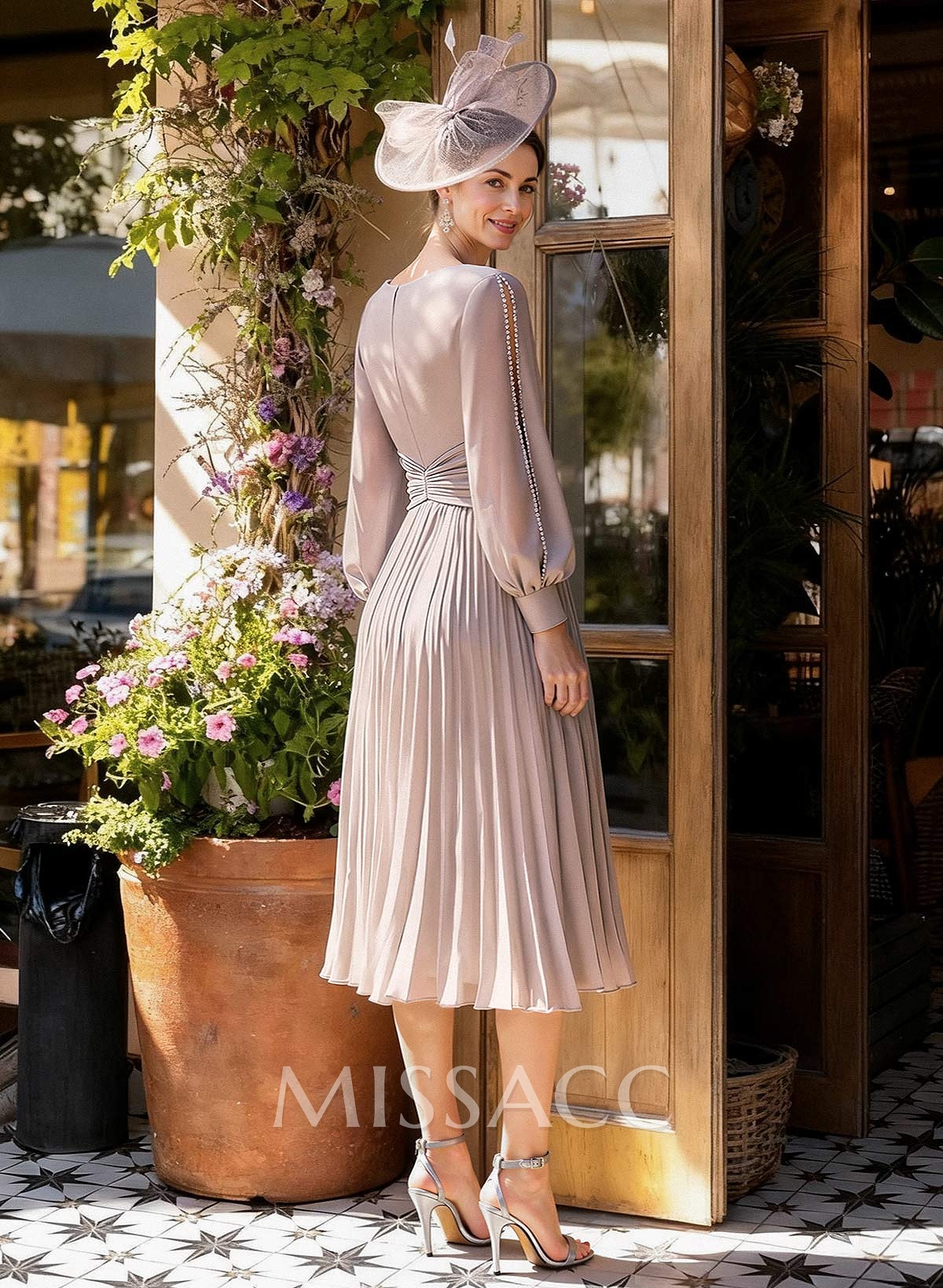 A-Line V-Neck Long Sleeves Tea-Length Chiffon Cocktail Dresses