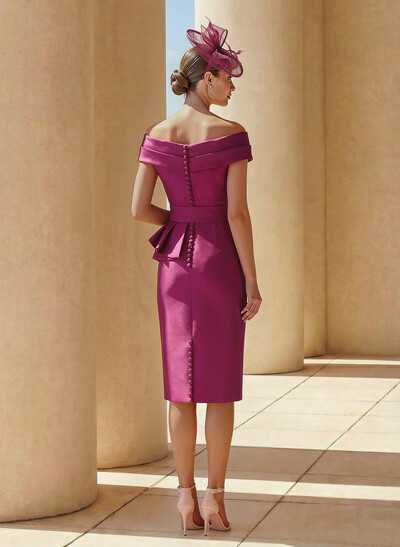 Sheath Off-The-Shoulder Sleeveless Knee-Length Satin Cocktail Dresses With Ruffle