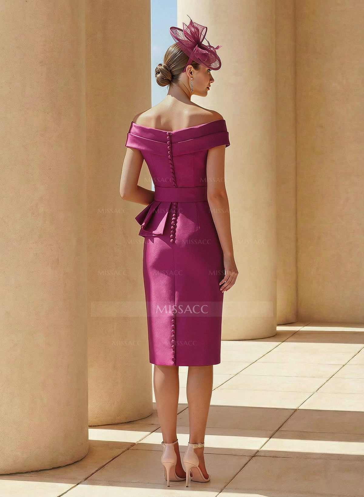 Sheath Off-The-Shoulder Sleeveless Knee-Length Satin Cocktail Dresses With Ruffle