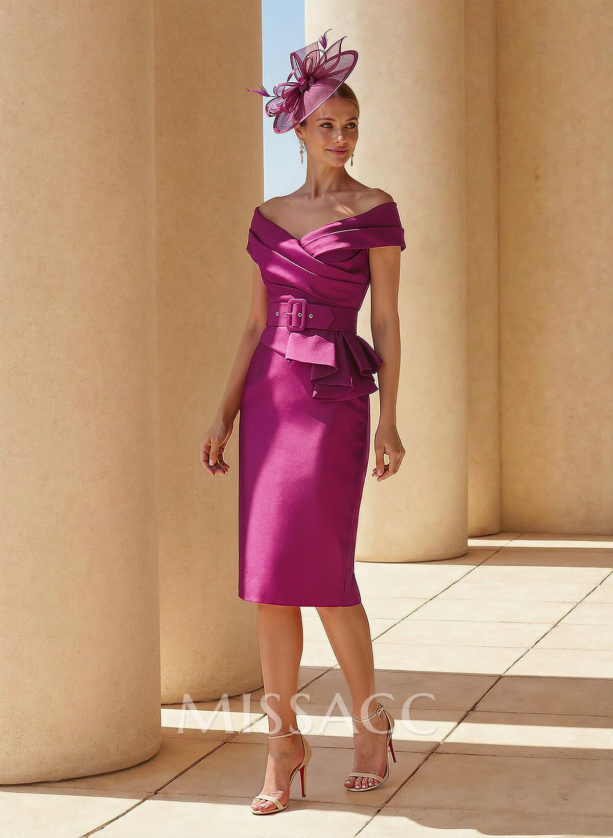 Sheath Off-The-Shoulder Sleeveless Knee-Length Satin Cocktail Dresses With Ruffle Sheath Off-The-Shoulder Sleeveless Knee-Length Satin Cocktail Dresses With Ruffle