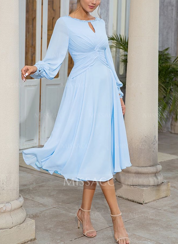 A-Line Scoop Neck Long Sleeves Chiffon Cocktail Dresses With Beading