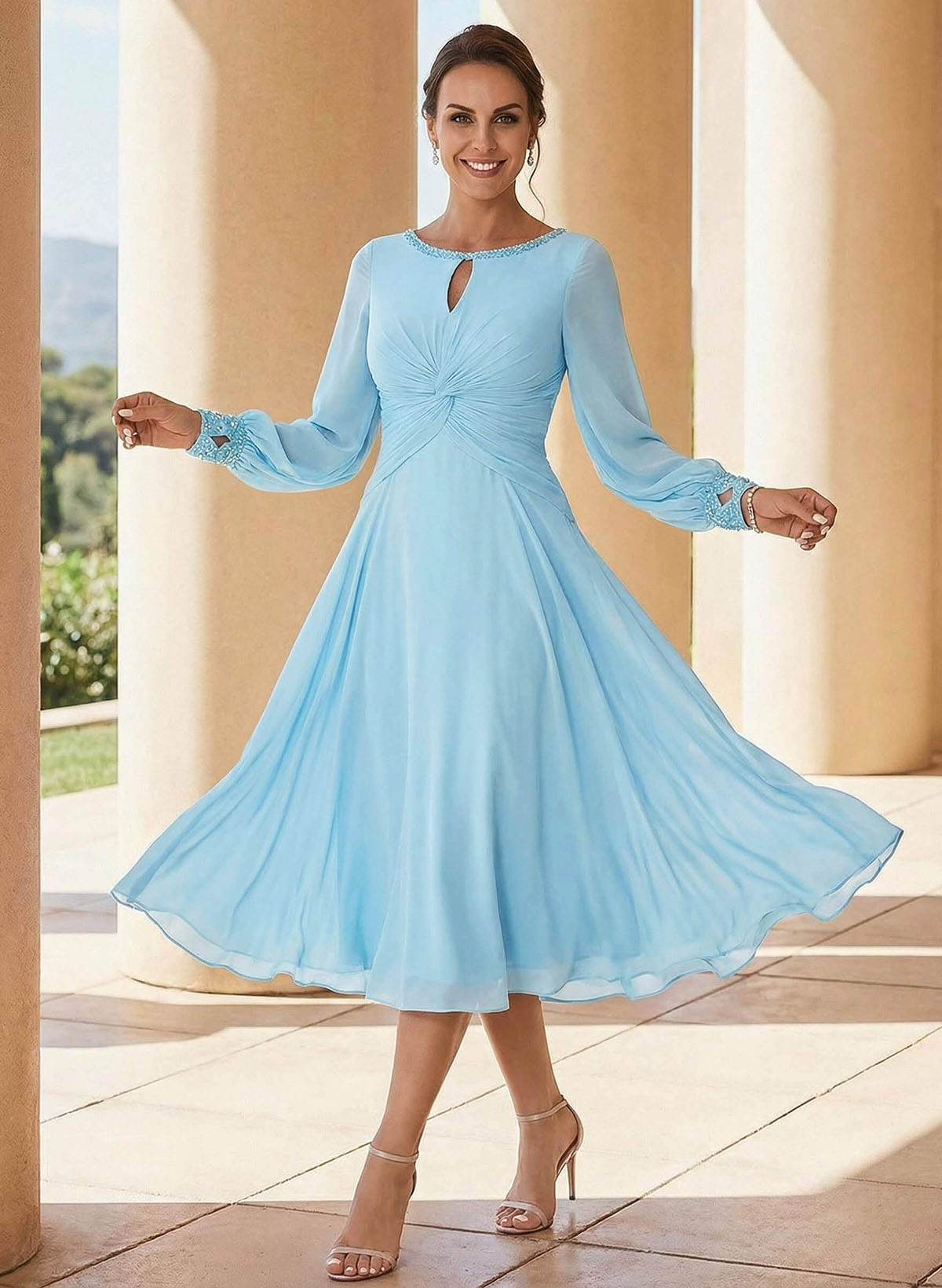 A-Line Scoop Neck Long Sleeves Chiffon Cocktail Dresses With Beading A-Line Scoop Neck Long Sleeves Chiffon Cocktail Dresses With Beading