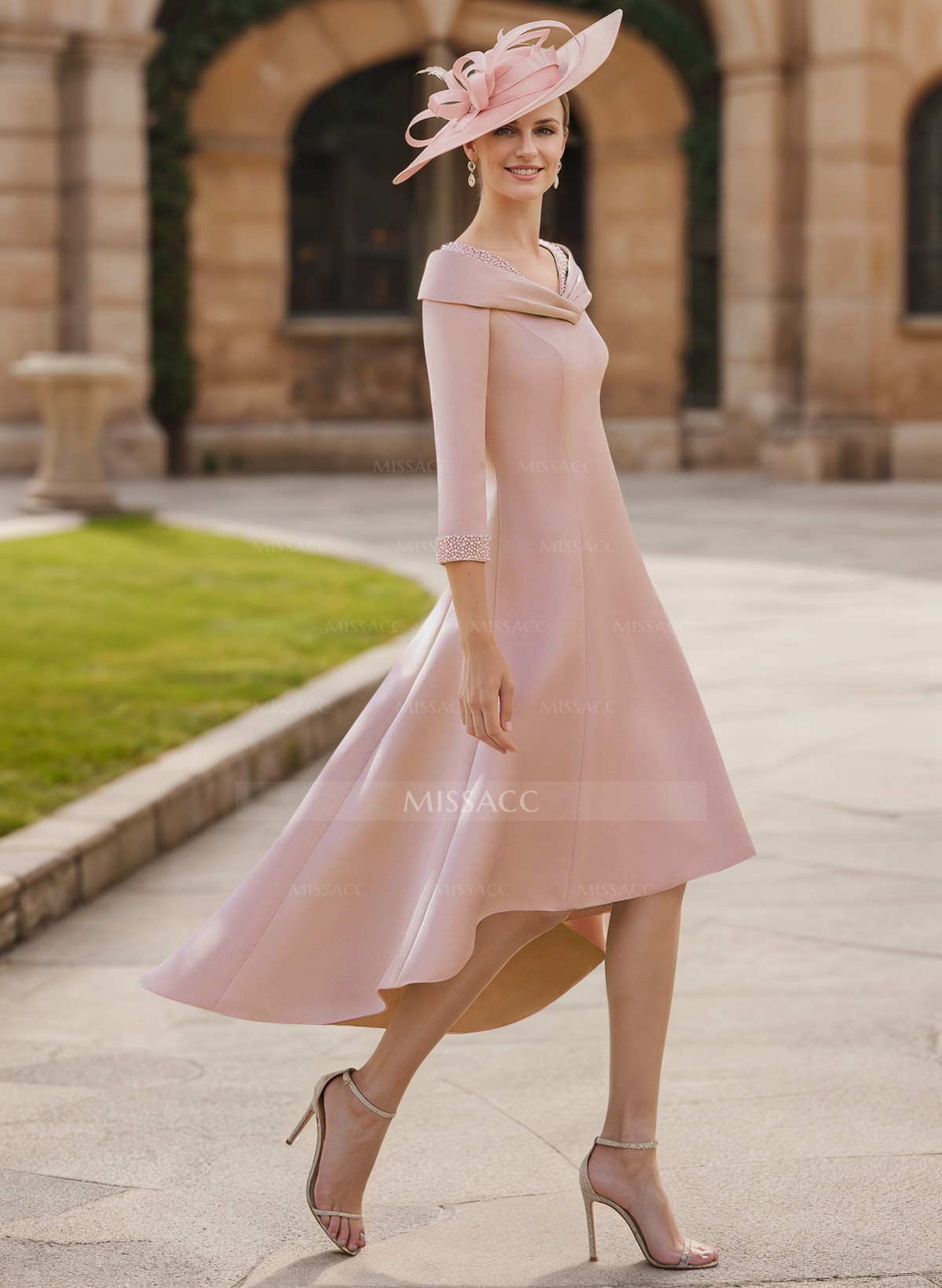 Asymmetrical Satin Beading Sleeves Cocktail Dresses