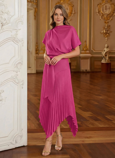 Sheath/Column Scoop Neck Short Sleeves Stretch Chiffon Cocktail Dresses