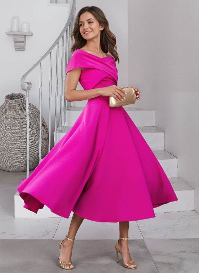 Off-The-Shoulder Tea-Length Elastic Satin A-Line Cocktail Dresses