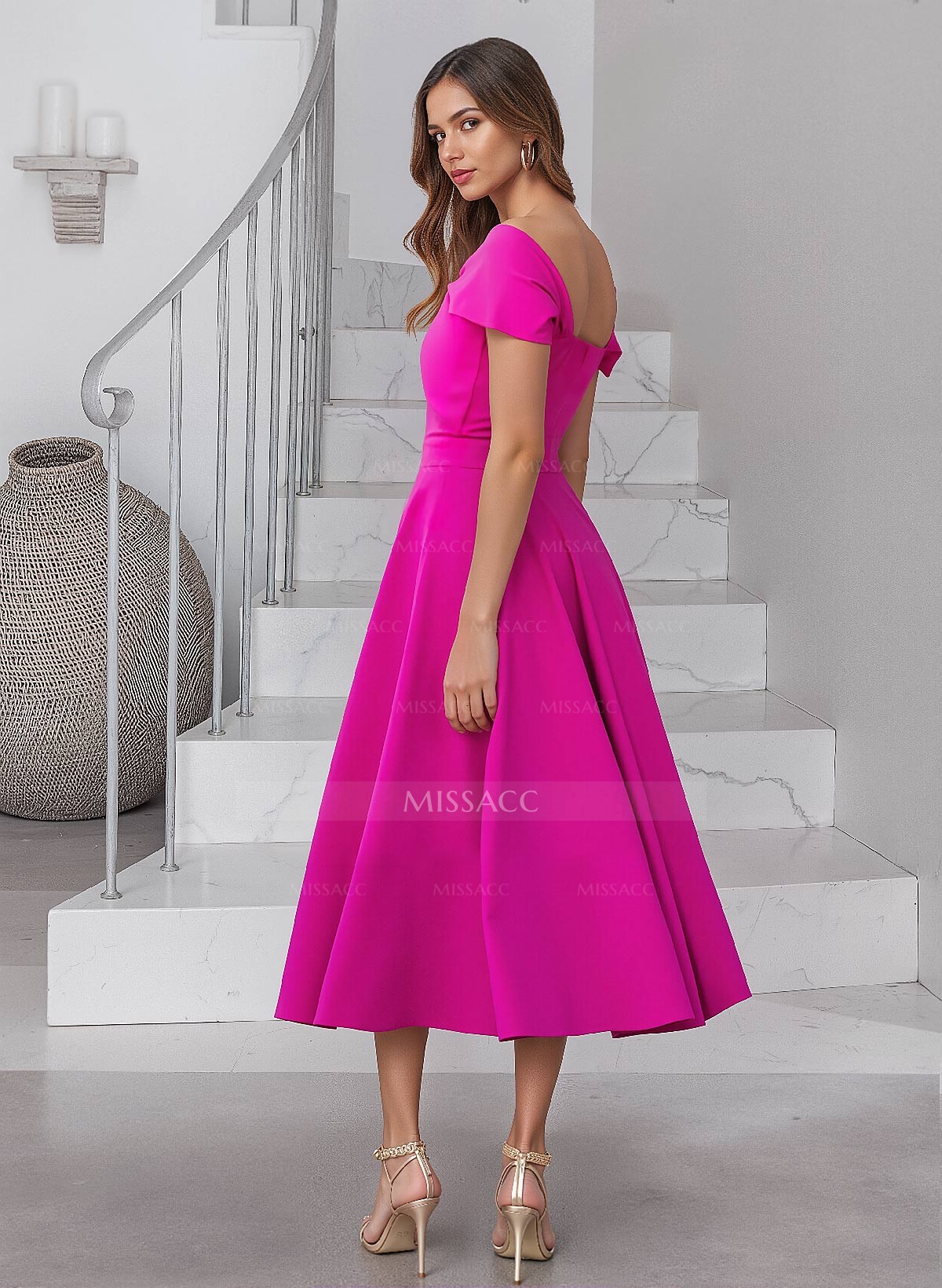 Off-The-Shoulder Tea-Length Elastic Satin A-Line Cocktail Dresses