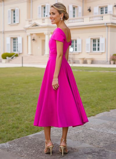 Off-The-Shoulder Tea-Length Elastic Satin A-Line Cocktail Dresses