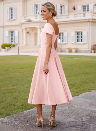 Off-The-Shoulder Tea-Length Elastic Satin A-Line Cocktail Dresses