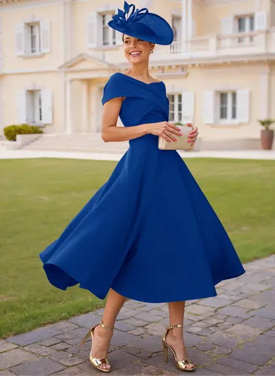 Off-The-Shoulder Tea-Length Elastic Satin A-Line Cocktail Dresses - Missacc
