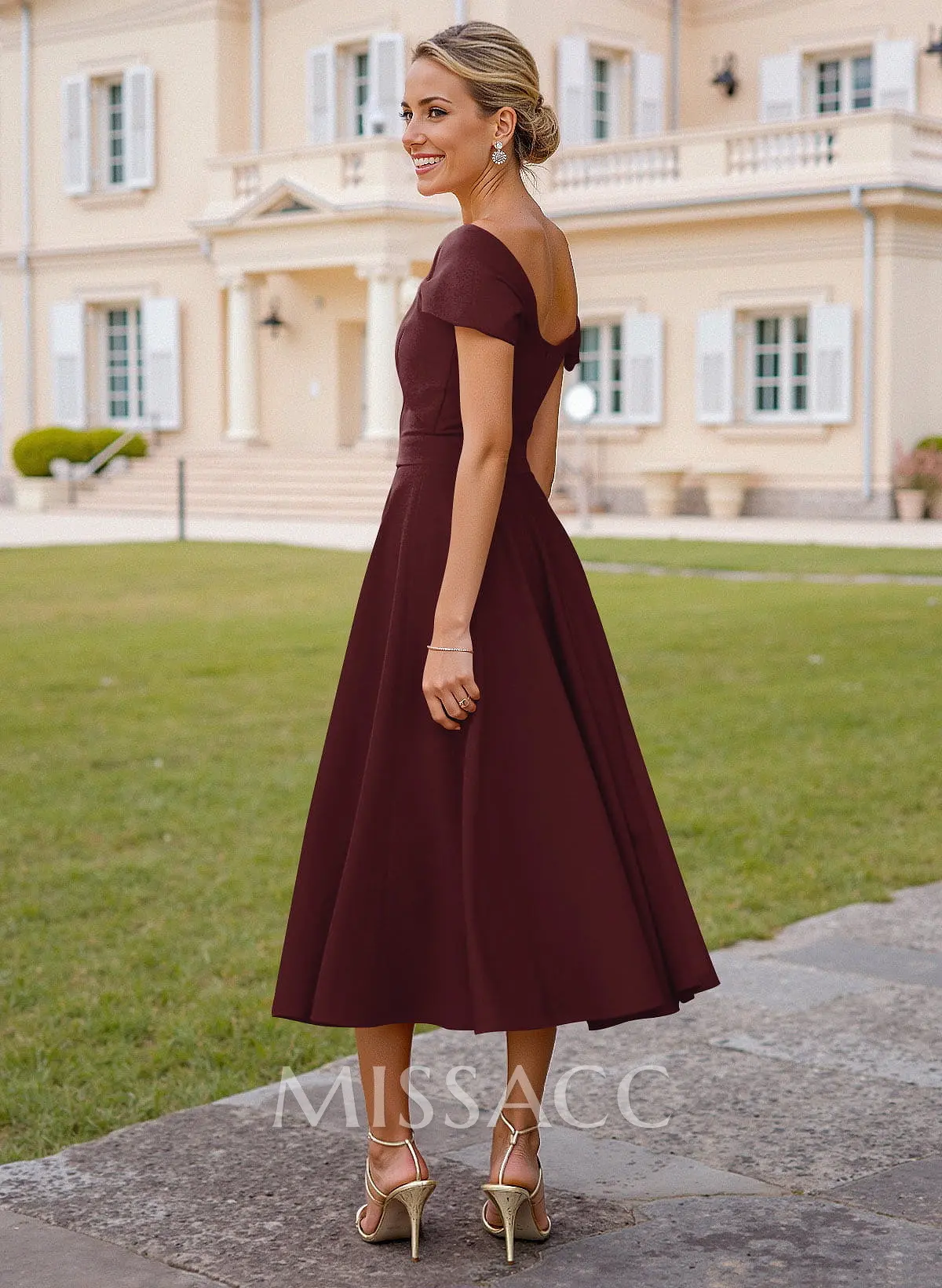 brown tea length cocktail dress Missacc Cabernet Cocktail Dresses Off-The-Shoulder Tea-Length Elastic Satin A-Line Cocktail Dresses