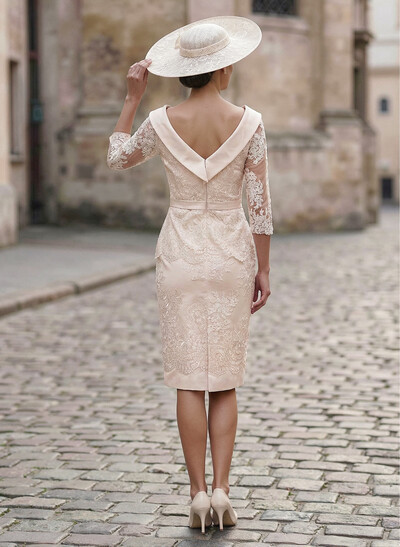 Sheath/Column Cowl Neck 1/2 Sleeves Lace/Satin Cocktail Dresses