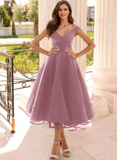 Simple Cap Shoulder A-Line Tea-Length Cocktail Dresses