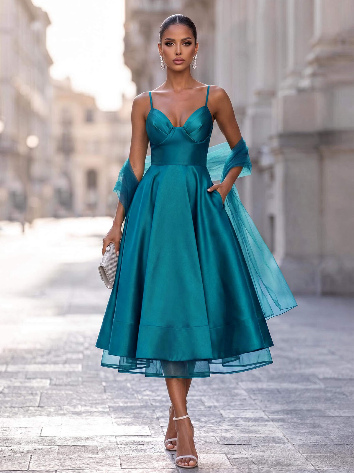A-Line V-Neck Sleeveless Satin/Tulle Cocktail Dresses With Pockets